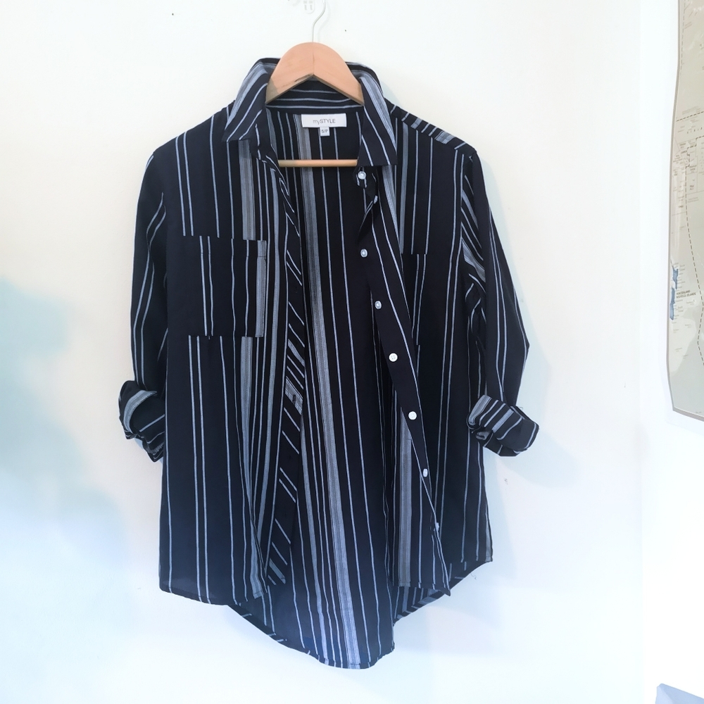 3 for $25 Stylish Black & White Striped Button-Up Shirt - Women